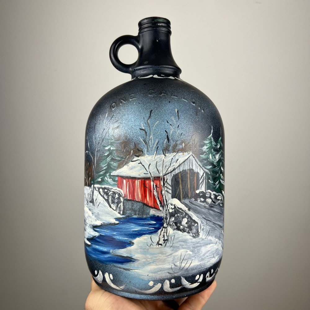 Unbranded Hand Painted Winter Scene One Gallon Glass Jug Black Excellent Decor
